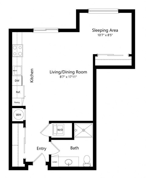 Floor plan for studio, 1 bath, 618 sqft